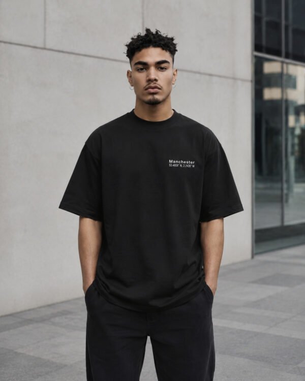 Model wearing a black Manchester Signature oversized heavyweight T-shirt with a subtle white left-chest Signature design.