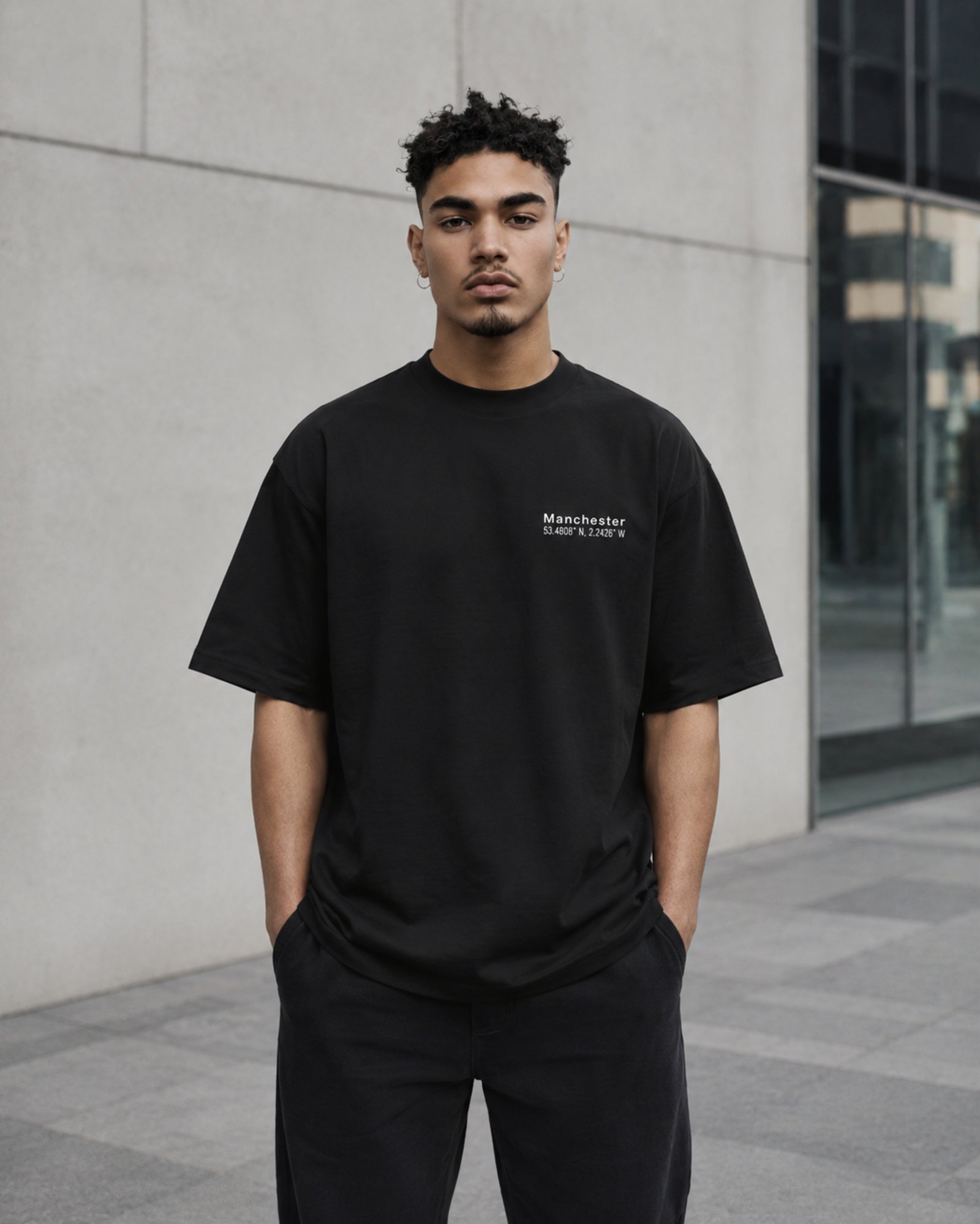 Model wearing a black Manchester Signature oversized heavyweight T-shirt with a subtle white left-chest Signature design.