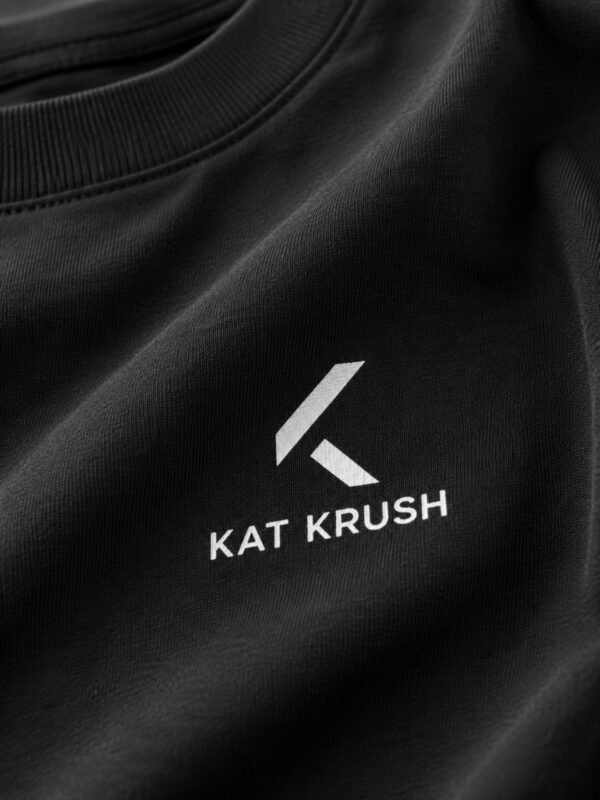 Close-up of the black Kat Krush heavyweight cotton T-shirt showing the minimalist white chest logo, premium fabric texture and soft natural folds.