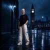 Female model wearing a black Kat Krush oversized T-shirt and off-white cargo trousers standing in a London street at night with Big Ben in the background, capturing a quiet confidence streetwear aesthetic.