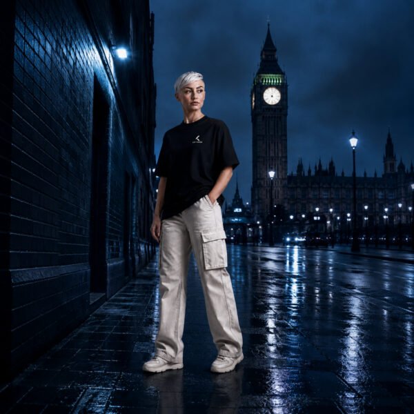Female model wearing a black Kat Krush oversized T-shirt and off-white cargo trousers standing in a London street at night with Big Ben in the background, capturing a quiet confidence streetwear aesthetic.