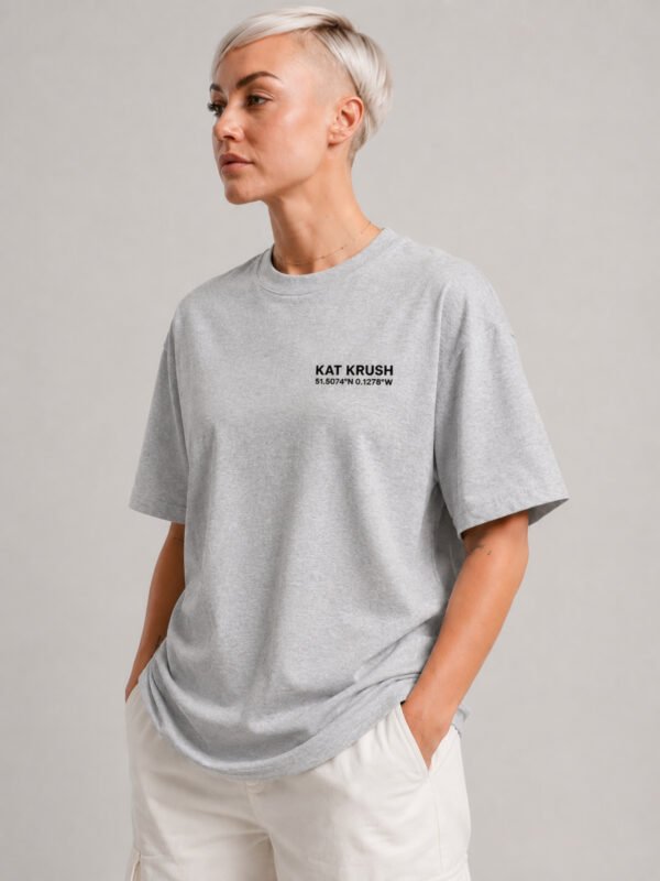 "Heather Grey oversized London coordinates t-shirt by Kat Krush. Minimal streetwear styling with relaxed silhouette and heavyweight cotton construction."