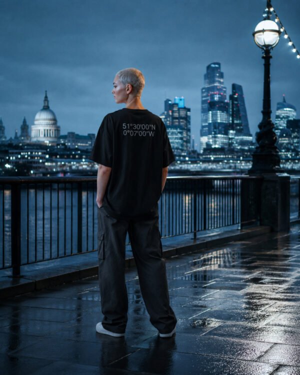 Model wearing a black oversized Kat Krush coordinates T-shirt with DMS back print, standing on the Thames riverside overlooking the London skyline at dusk with St Paul's Cathedral and the City in the background.