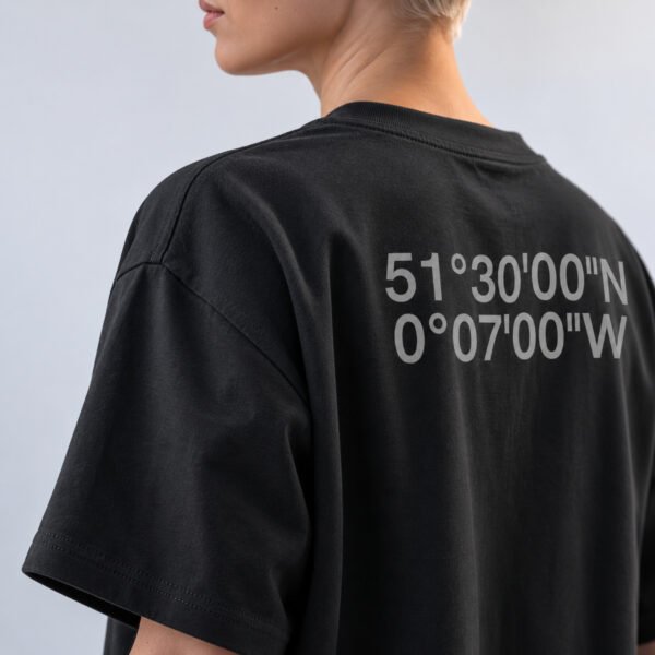 Close-up of the back of a black oversized Kat Krush coordinates T-shirt featuring DMS coordinate print on heavyweight organic cotton with relaxed oversized fit.