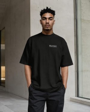 Front view of a male model wearing a black Bristol Signature oversized heavyweight T-shirt with minimalist white left chest coordinates print in a modern architectural setting.