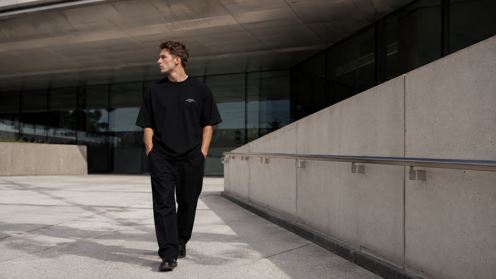 Model wearing a black oversized Kat Krush London Signature T-shirt walks through a minimalist concrete and glass architectural space, captured in soft daylight with a calm editorial feel.