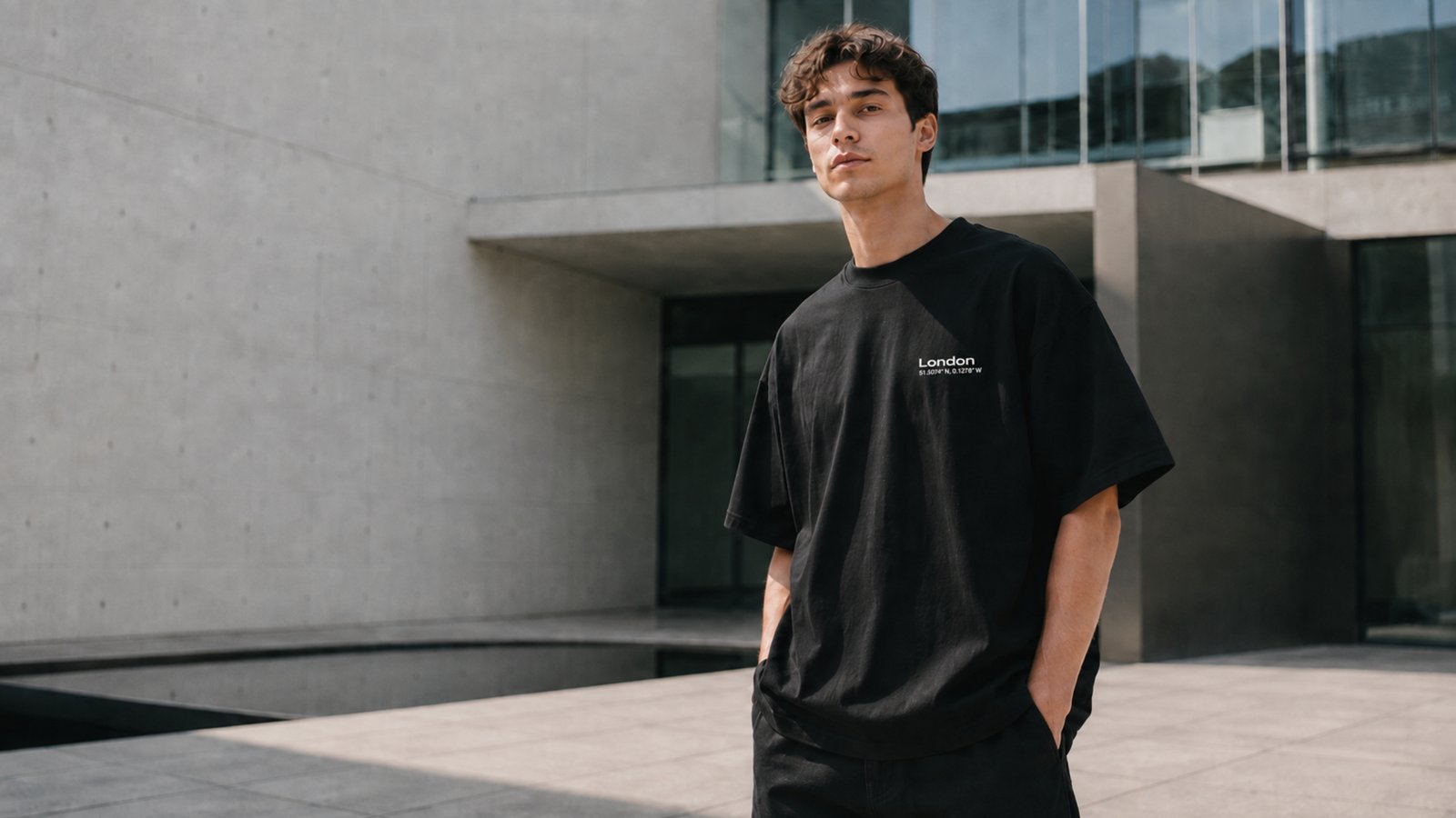 Male model wearing a black London Signature coordinates oversized T-shirt on a modern concrete rooftop with city skyline, minimalist premium streetwear editorial.