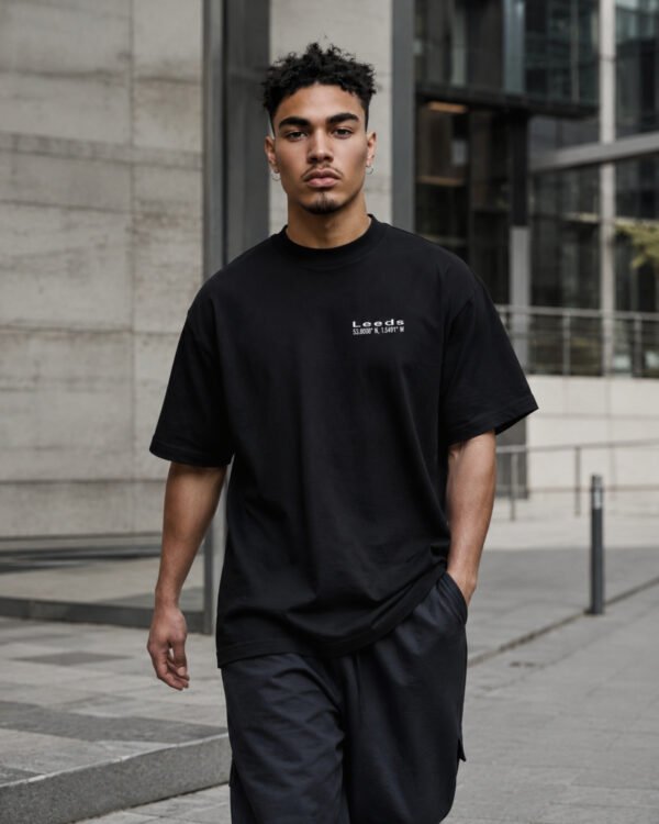 Male model walking through contemporary Leeds architecture wearing a black Leeds Signature oversized T-shirt.