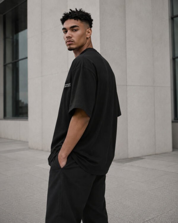 Three-quarter view of a male model wearing a black Liverpool Signature oversized heavyweight T-shirt with subtle white Liverpool coordinates print in a modern architectural setting.