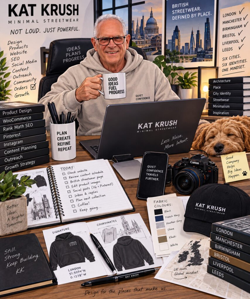 Illustrated behind-the-scenes portrait of Kat Krush founder Peter, surrounded by the design, city research and creative work involved in building the independent British streetwear brand.