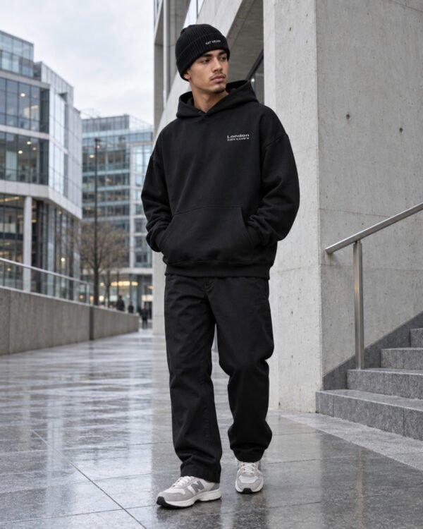 Male model wearing black Kat Krush fisherman beanie and London Signature heavyweight hoodie among pale concrete and glass architecture