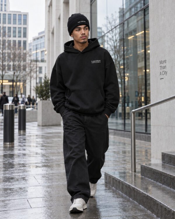 Male model walking in black Kat Krush fisherman beanie and London Signature heavyweight hoodie through contemporary London architecture