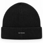Black Kat Krush fisherman beanie with small white embroidered logo, front product view