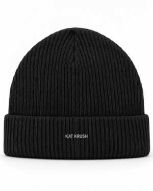 Black Kat Krush fisherman beanie with small white embroidered logo, front product view