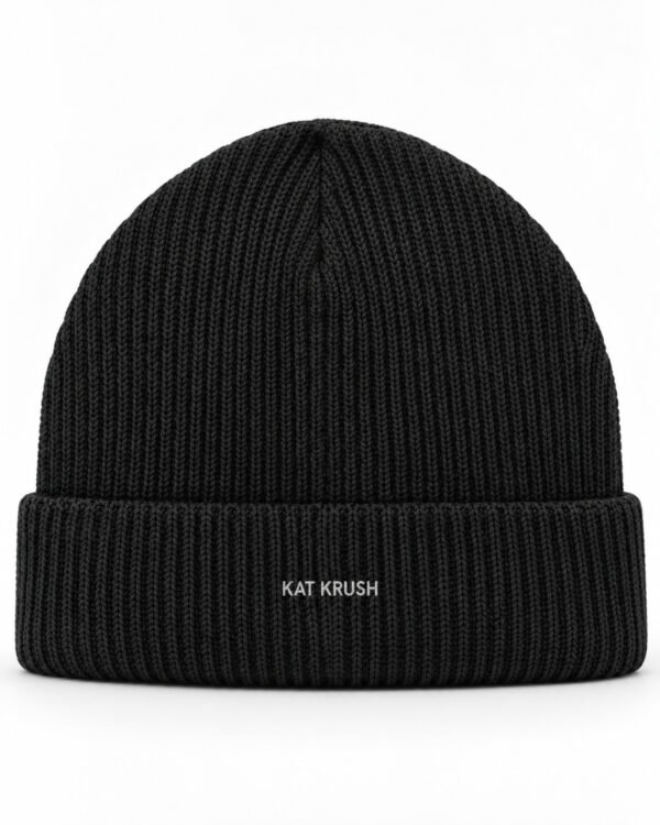 Black Kat Krush fisherman beanie with small white embroidered logo, front product view
