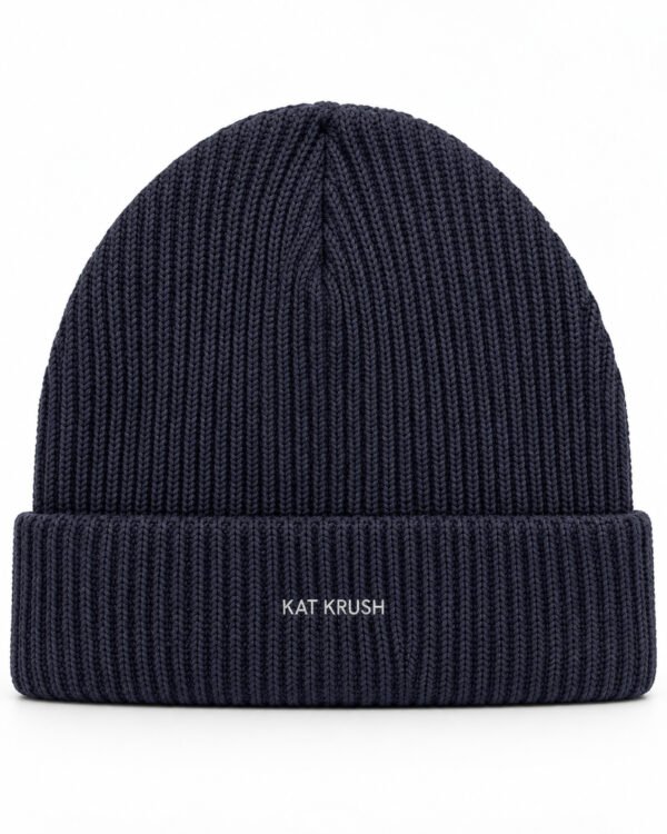 French Navy Kat Krush fisherman beanie with small white embroidered logo, front product view