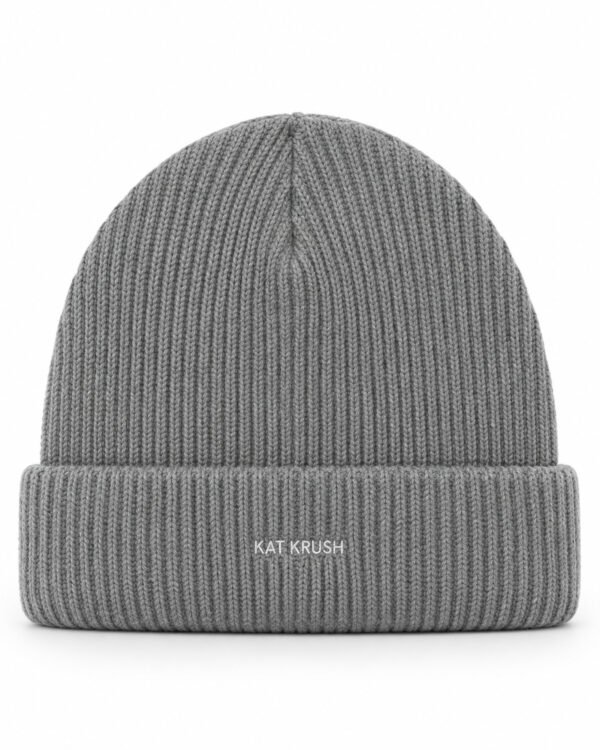 Grey Kat Krush fisherman beanie with small white embroidered logo, front product view