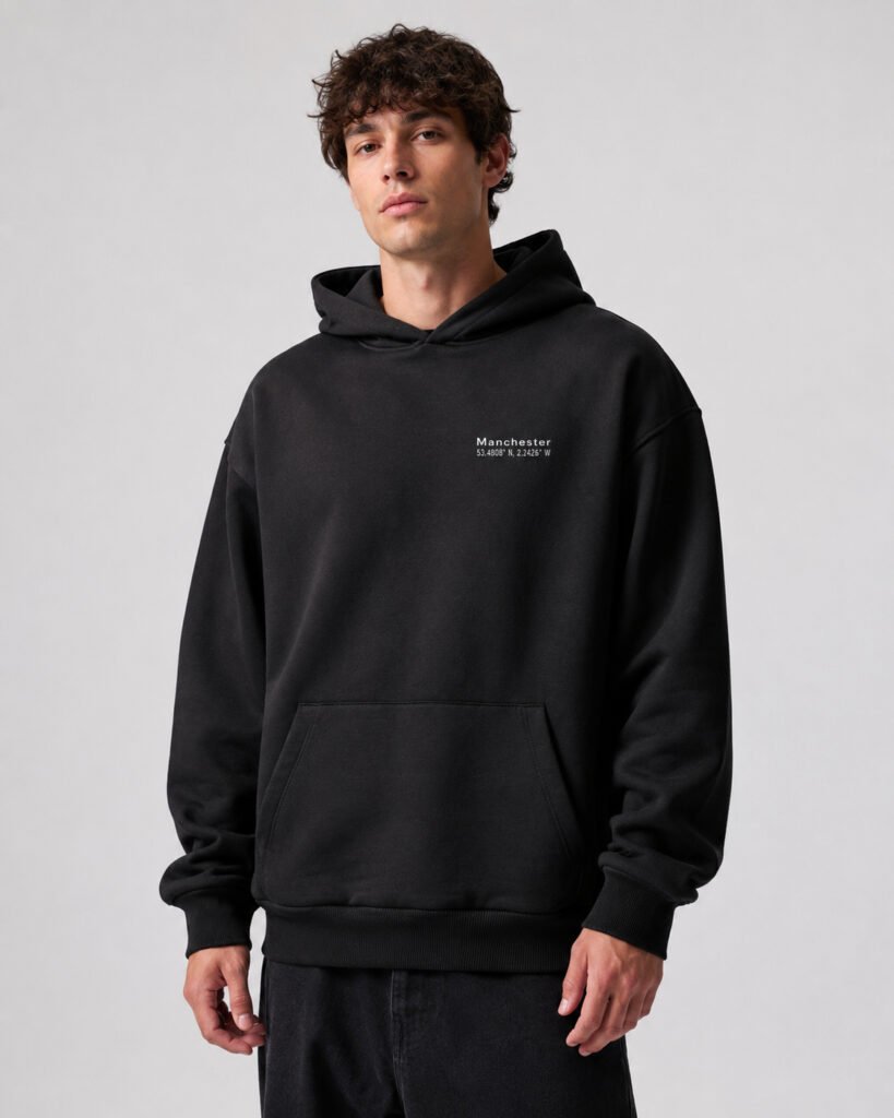 Male model wearing the black Kat Krush Manchester Signature heavyweight oversized hoodie with white left-chest city coordinates.